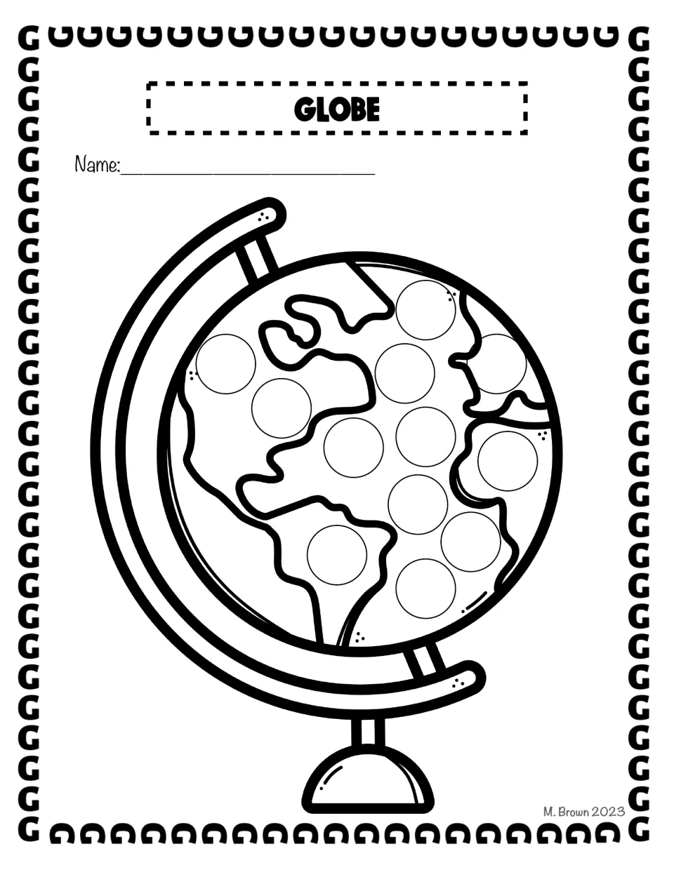 Globe dot art: students fill about a dozen circles placed over the continents and oceans of a globe on its stand