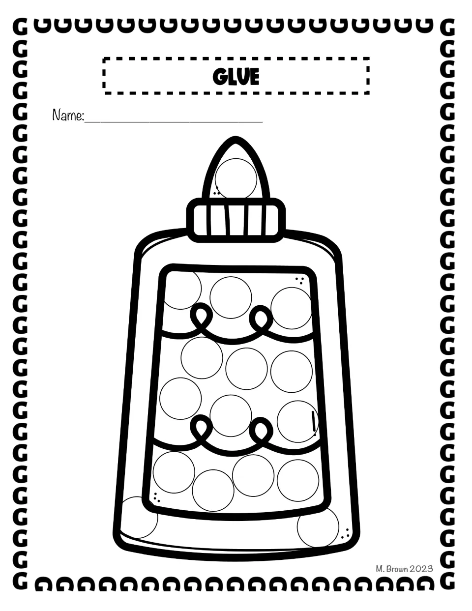 Glue bottle dot page: students dab the circles on the cap and label of a school glue bottle, using one dot per circle
