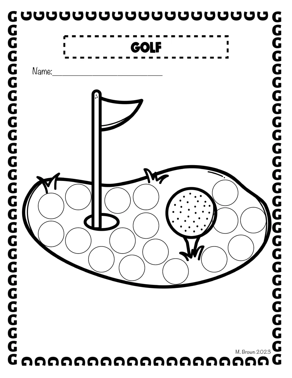 Golf green: students fill the circles around a flag in the hole and a golf ball on a tee