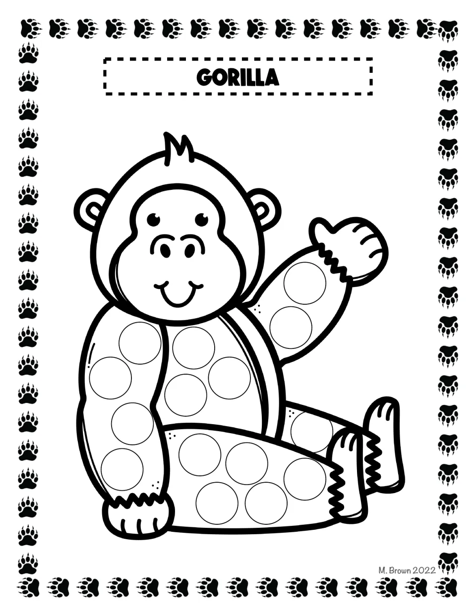 Gorilla: students stamp circles on the body, arm and legs of a waving, smiling cartoon gorilla