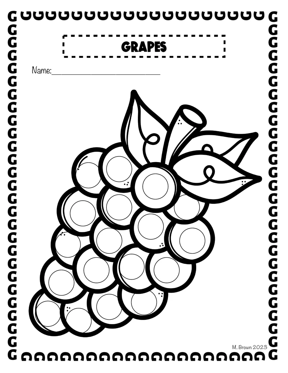 Grapes dot art: students fill a circle inside each grape of a bunch with leaves and a stem, one dab per grape