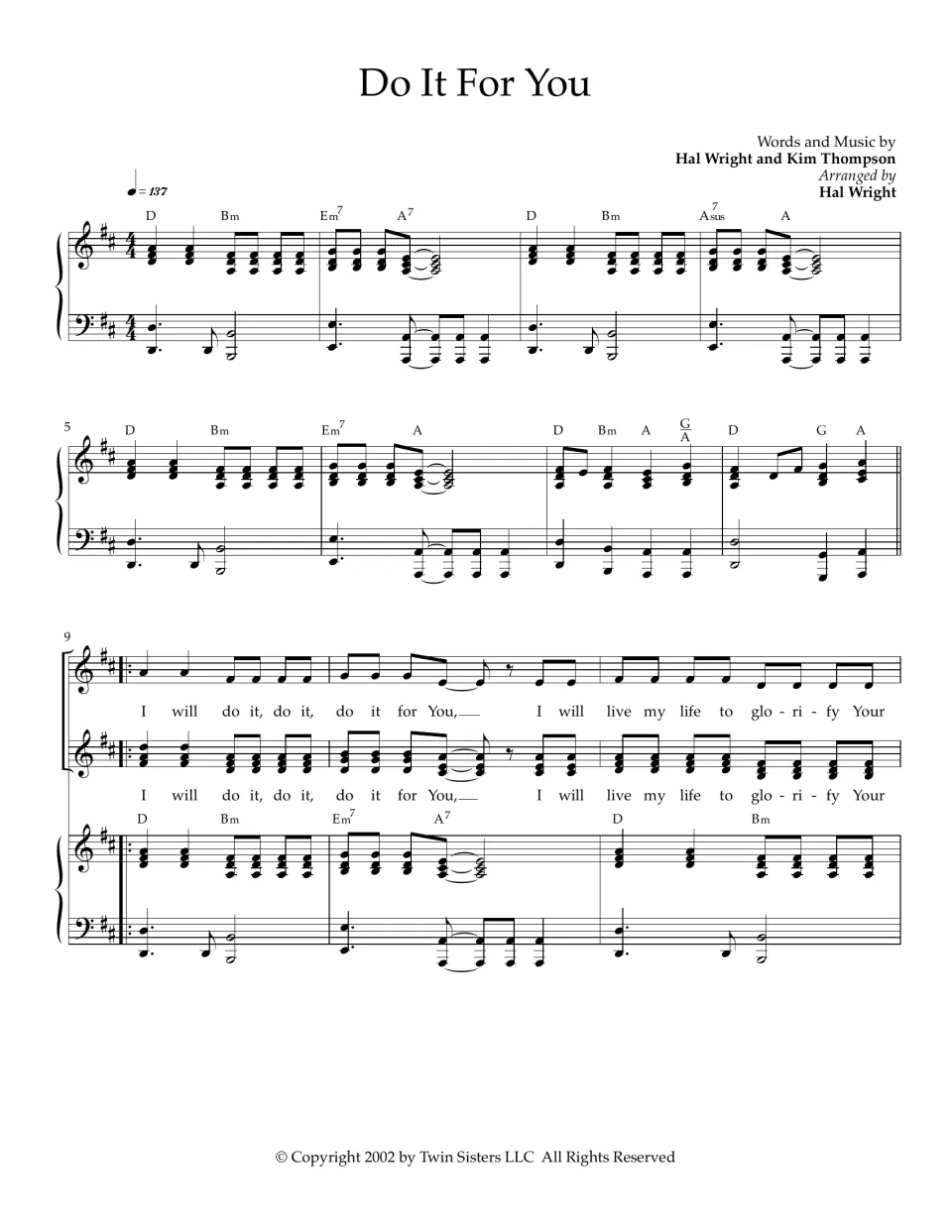 Do It For You song score, page 1: piano intro in D major, then the chorus with melody, harmony, lyrics and chord names