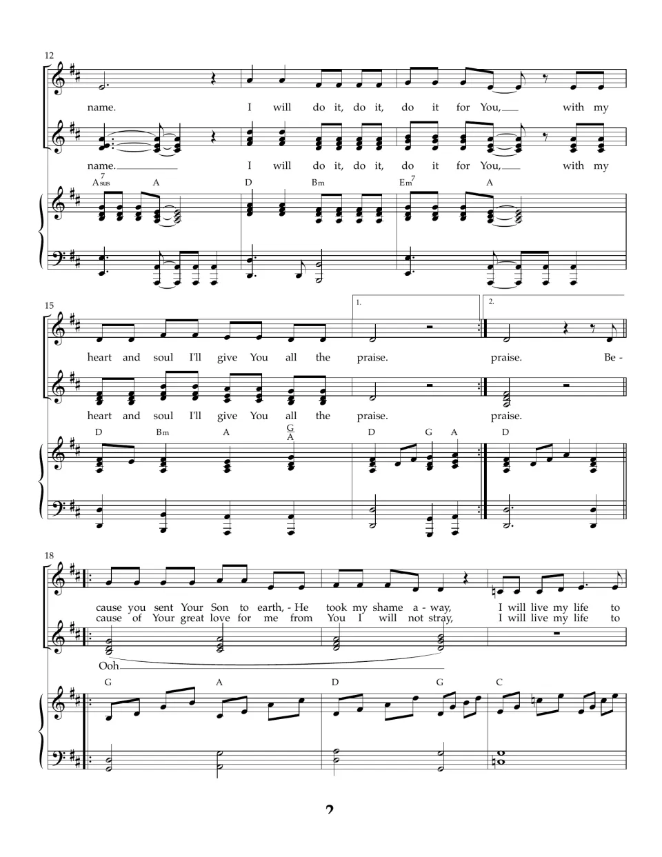 Song score bars 12 to 20: chorus ends with first and second endings, then verse lyrics over an Ooh harmony part and piano