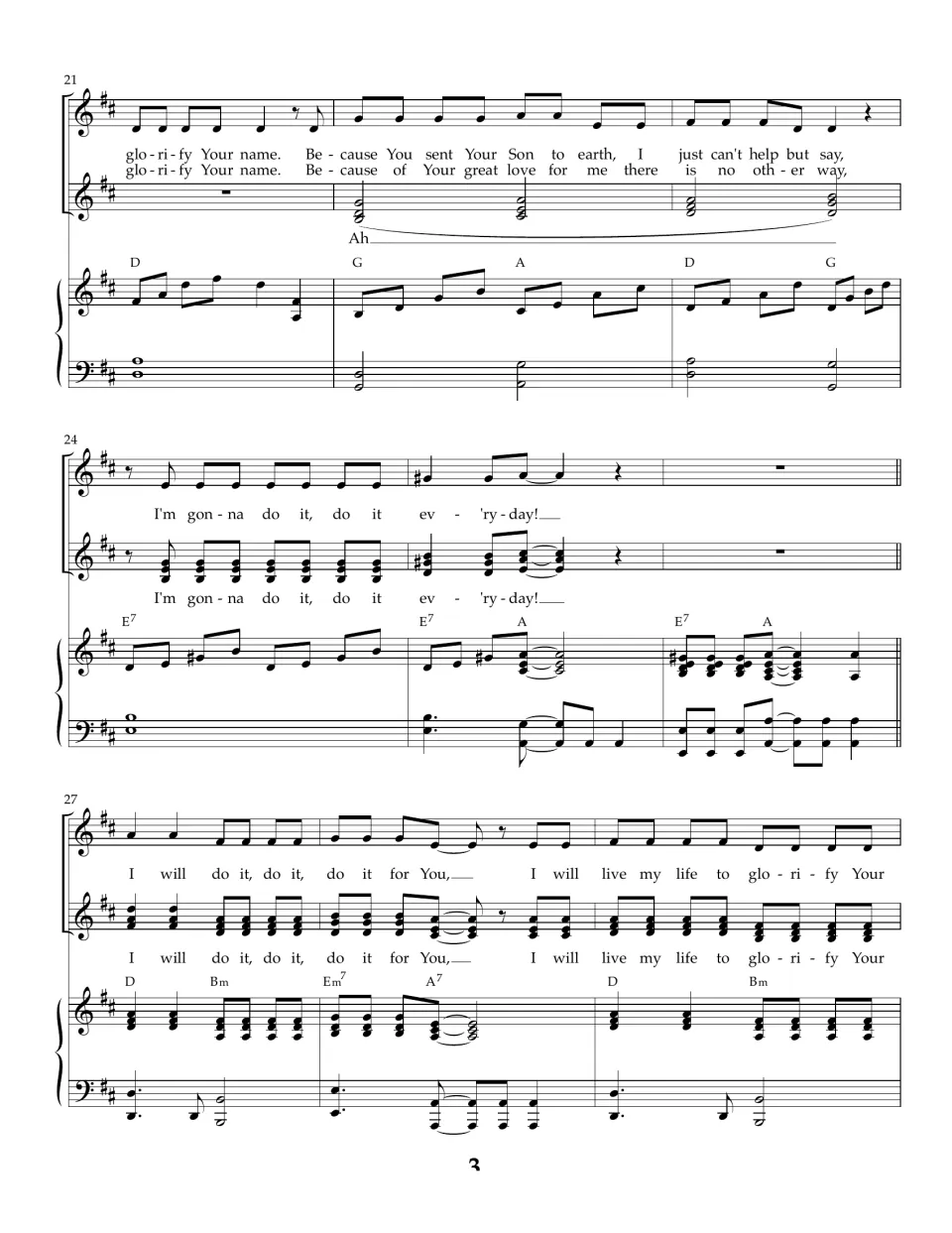 Song score bars 21 to 29: verse ends with an Ah backing part and 'I'm gonna do it ev'ry day!', then the chorus returns