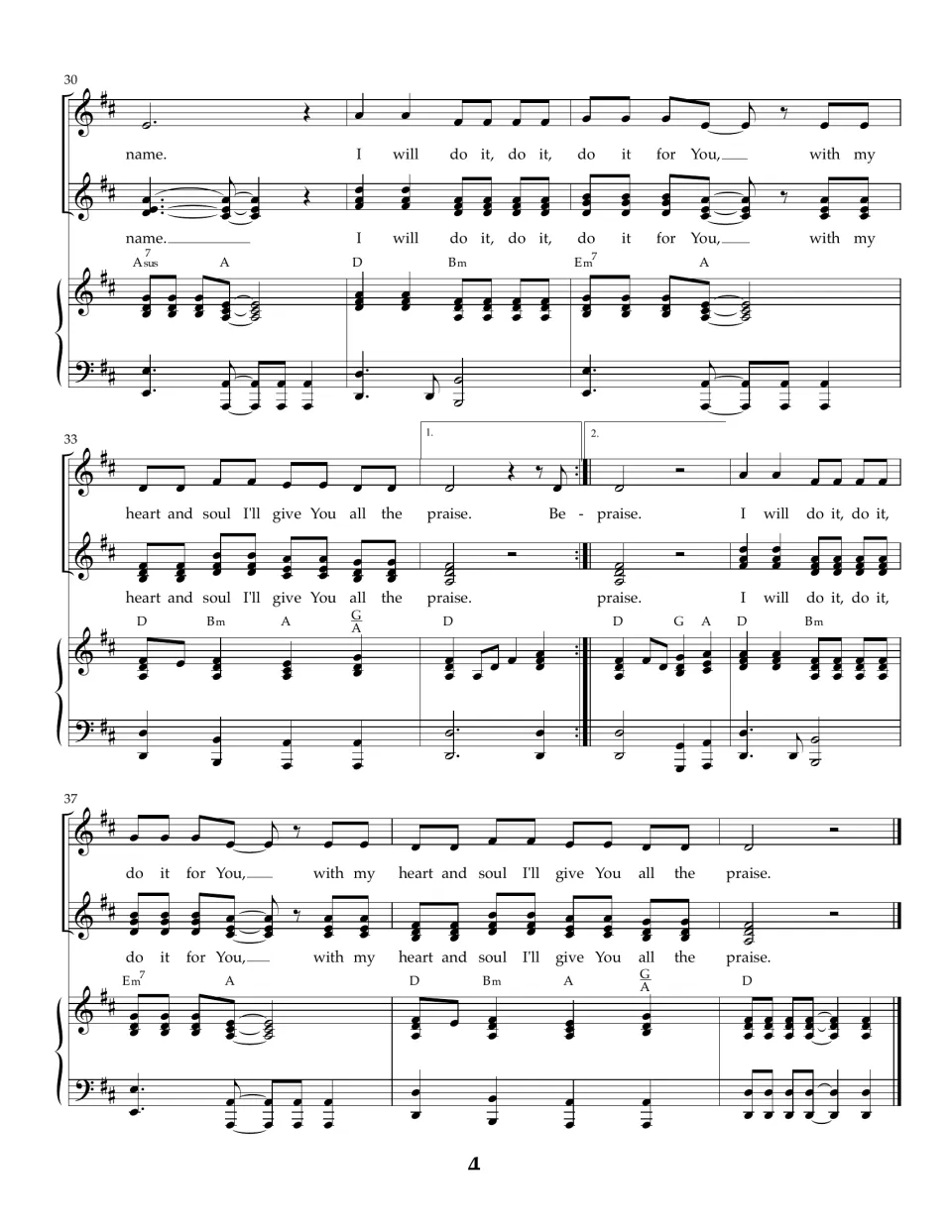 Song score bars 30 to 39: final chorus with first and second endings, closing on 'all the praise' with piano accompaniment