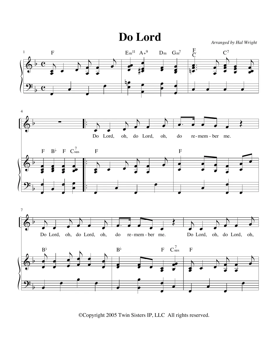 Do Lord, bars 1-9: piano intro in F, then the chorus "Do Lord, oh, do Lord" with melody, lyrics and chord symbols