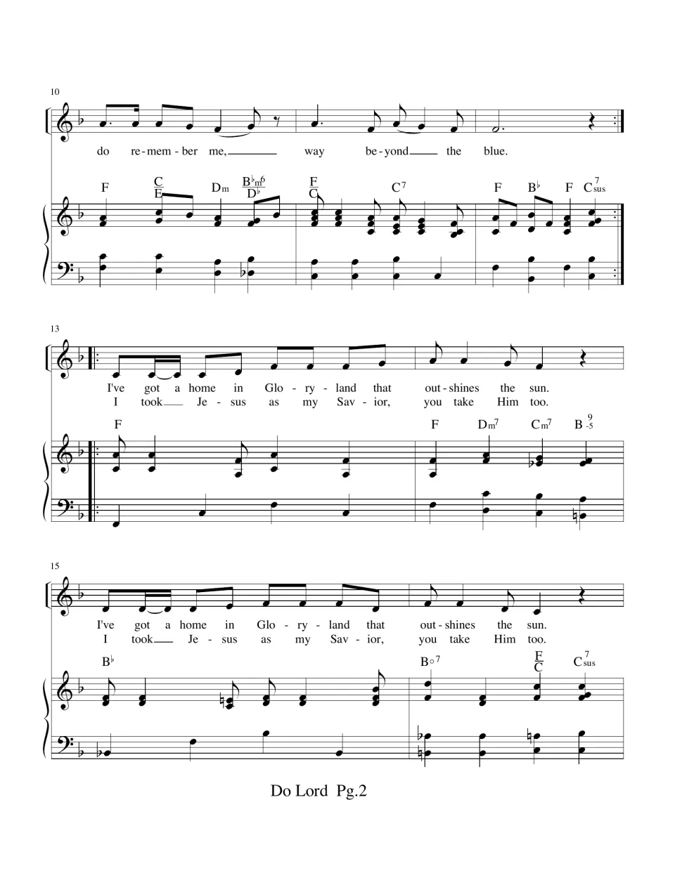 Bars 10-16: chorus ends "way beyond the blue," then two verses, "I've got a home in Glory-land" and "I took Jesus"