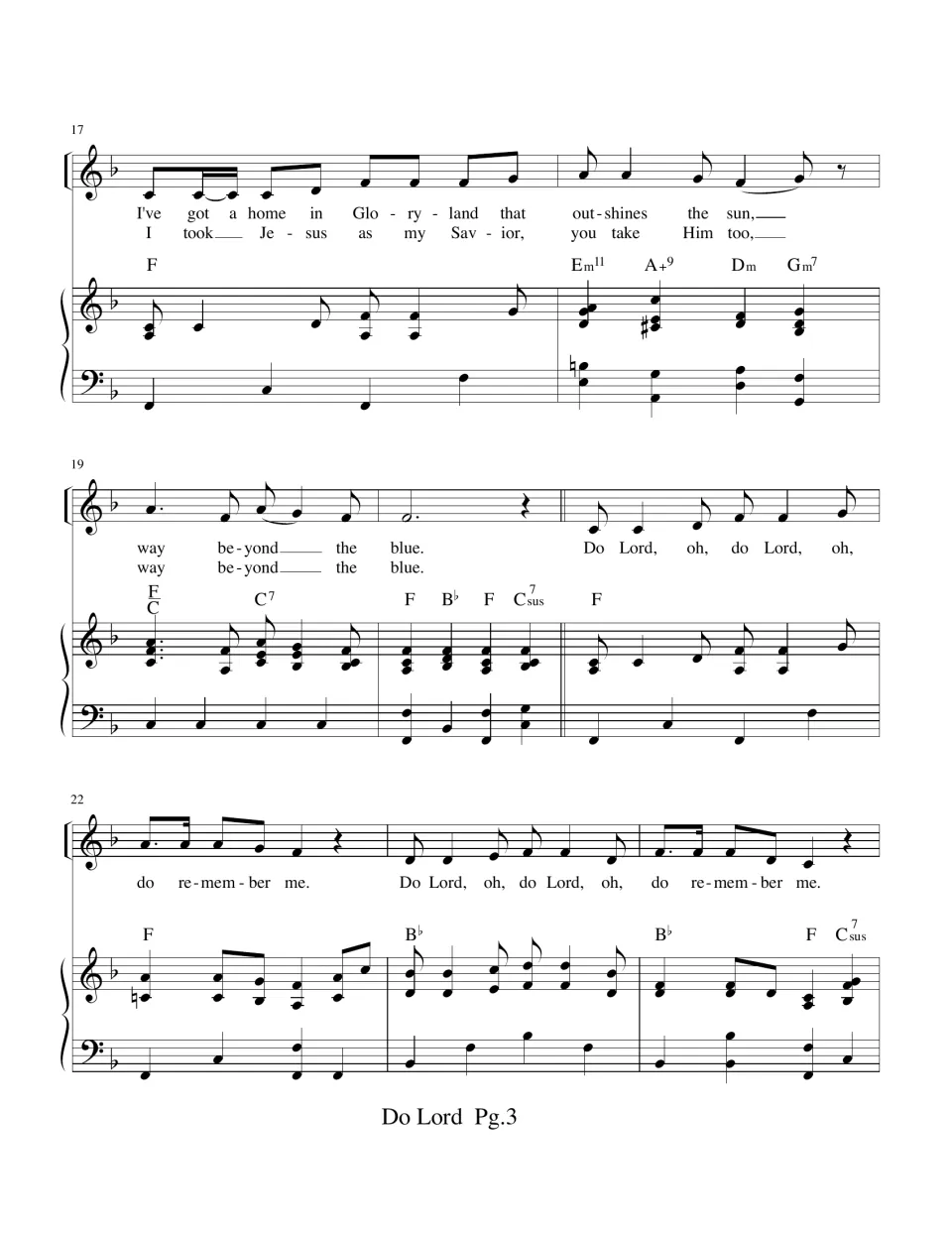 Bars 17-24: verse finishes "way beyond the blue," and the chorus returns with piano part and chord symbols in F major