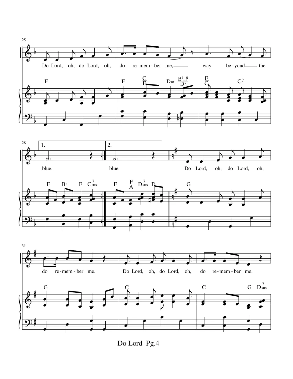 Bars 25-33: first and second endings, then a key change from F to G major for the final "Do Lord, oh, do Lord" chorus