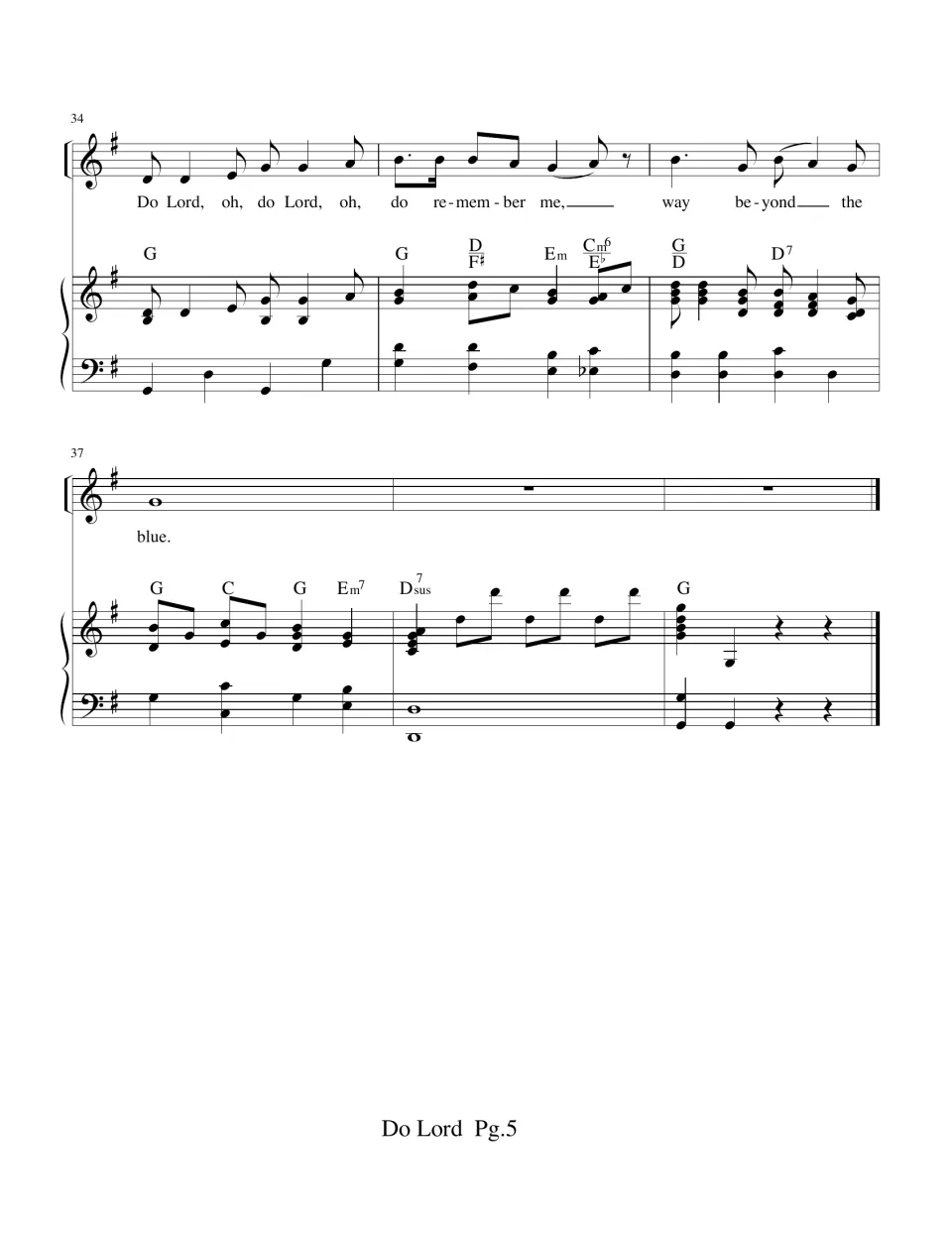 Final bars 34-39 in G major: last chorus line "way beyond the blue" held on a whole note, then a closing piano ending