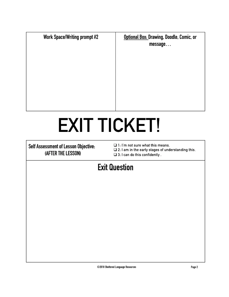 Exit ticket: students rate the objective 1-3 after the lesson and answer an exit question; prompt #2 and doodle box
