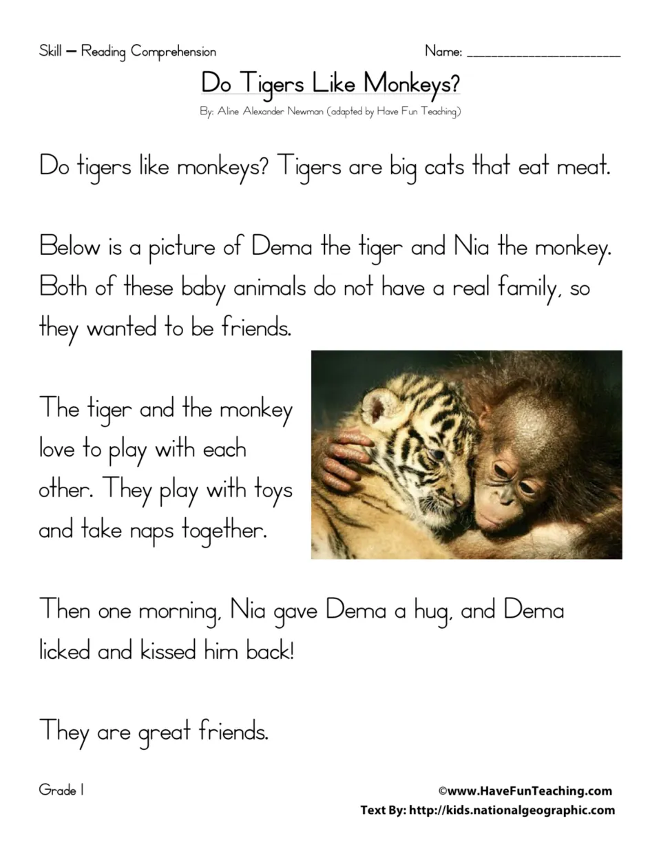 Reading passage about Dema the tiger and Nia the monkey playing with toys, taking naps, and becoming friends.
