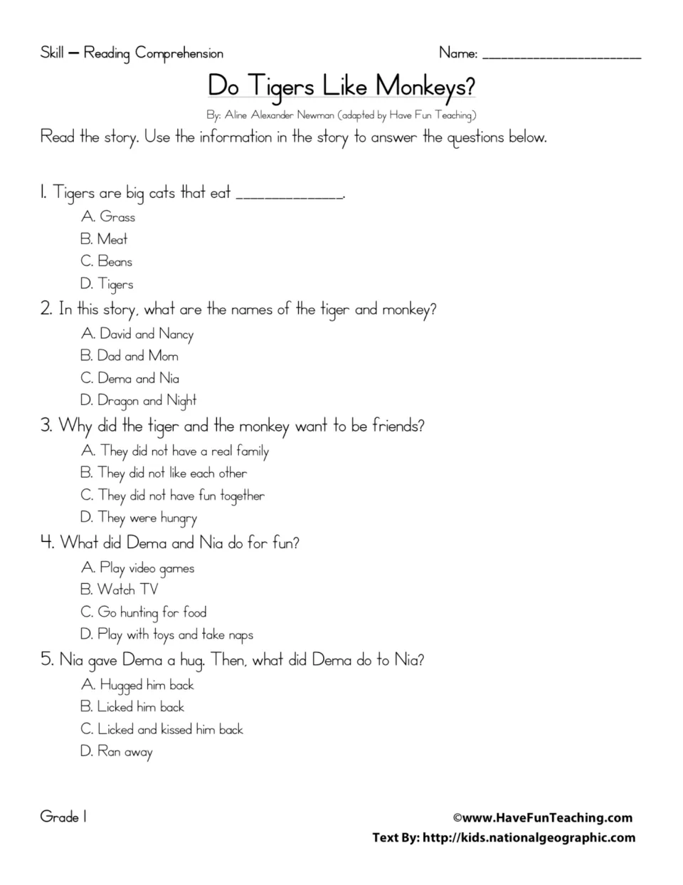 Five multiple-choice questions about what tigers eat, Dema and Nia's friendship, and their activities.