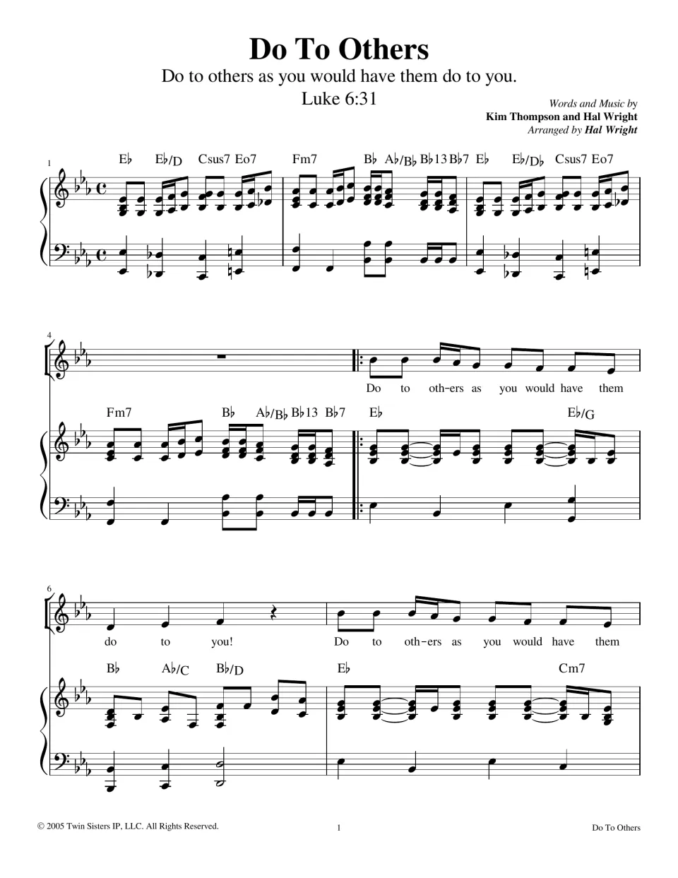 Song opening, Luke 6:31 verse: piano intro in E-flat, then vocal line, lyrics and chord symbols for the first refrain