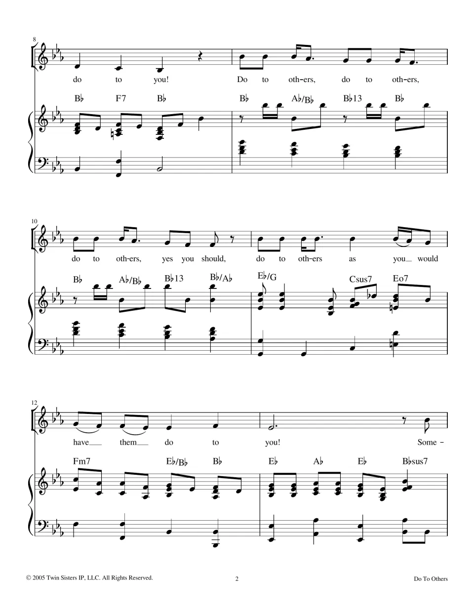 Refrain continues in measures 8-13: vocal melody with 'do to others, yes you should' lyrics over piano and chords