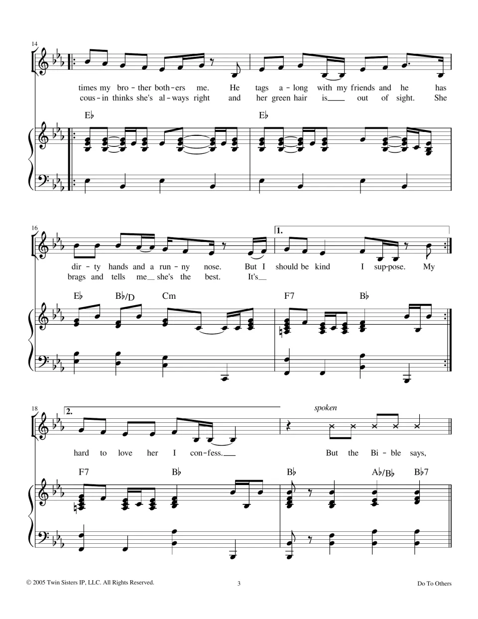 Verses 1 and 2: lyrics about a bothersome brother and a bragging cousin, with 1st and 2nd endings and a spoken line
