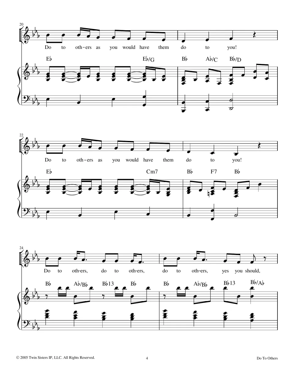 Chorus in measures 20-25: vocal melody repeating 'Do to others as you would have them do to you!' with piano and chords