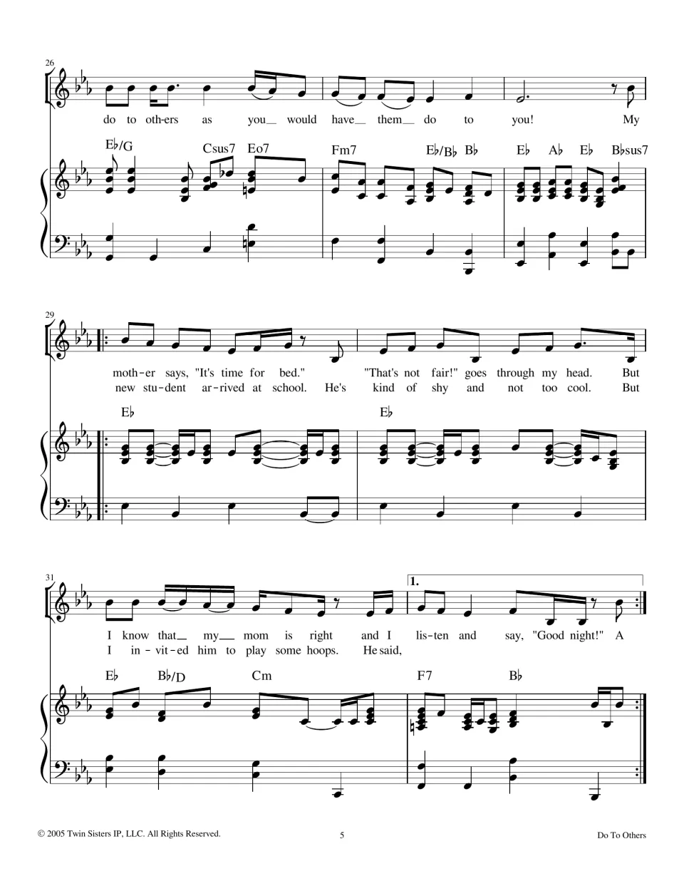 Chorus ends, then two more verses about bedtime with mom and inviting a shy new student to play hoops, with 1st ending