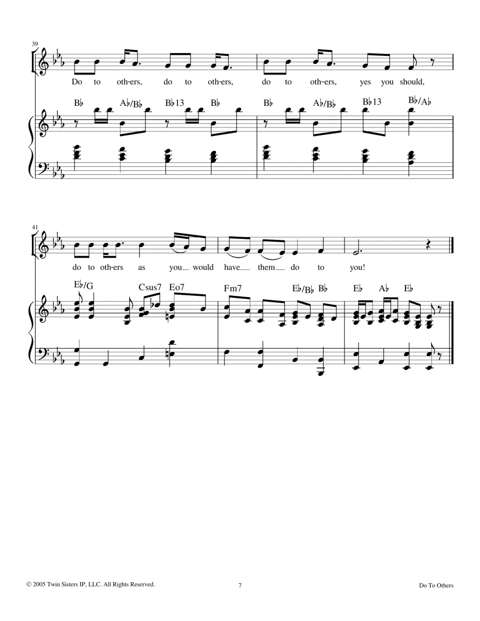 Final measures 39-43: closing 'do to others, yes you should' tag and last chorus line ending on an E-flat chord