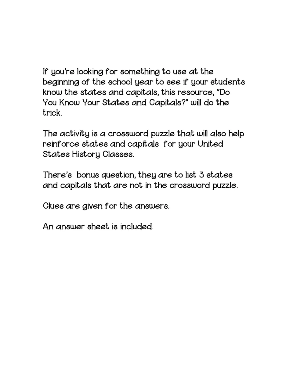 Teacher overview: a capitals crossword with state-name clues, a bonus to list 3 missing states, and an answer sheet