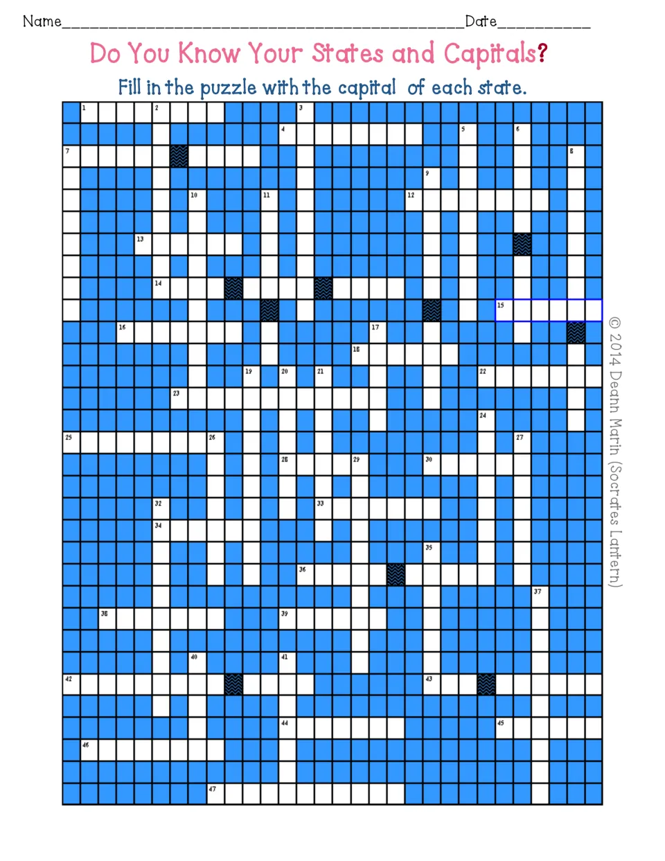 State capitals crossword: students fill each numbered entry, 1 to 47, with the capital of the state named in its clue