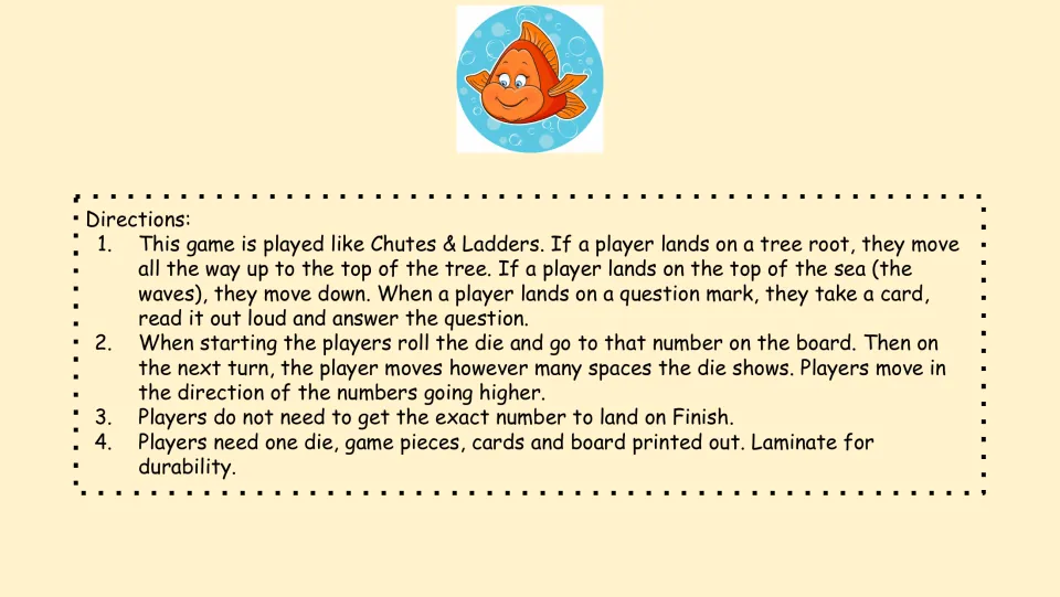 Game directions explain climbing trees, moving down waves, answering question cards, and rolling a die