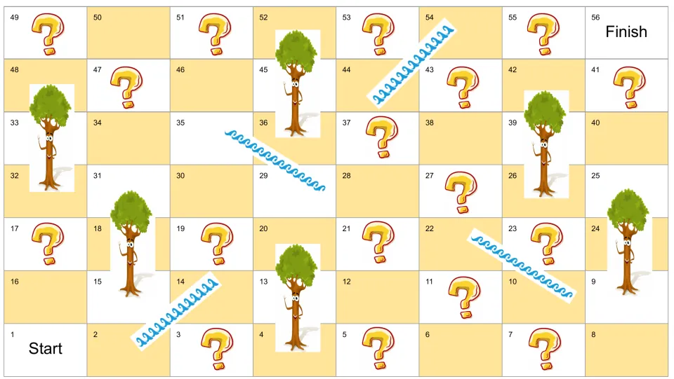 Game board has spaces 1–56, Start and Finish, trees to climb, waves to move down, and question marks