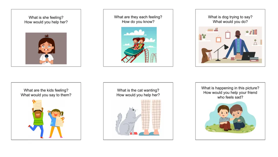Question cards 1–6 ask about feelings, a roller coaster ride, a dog’s message, a cat’s needs, and helping