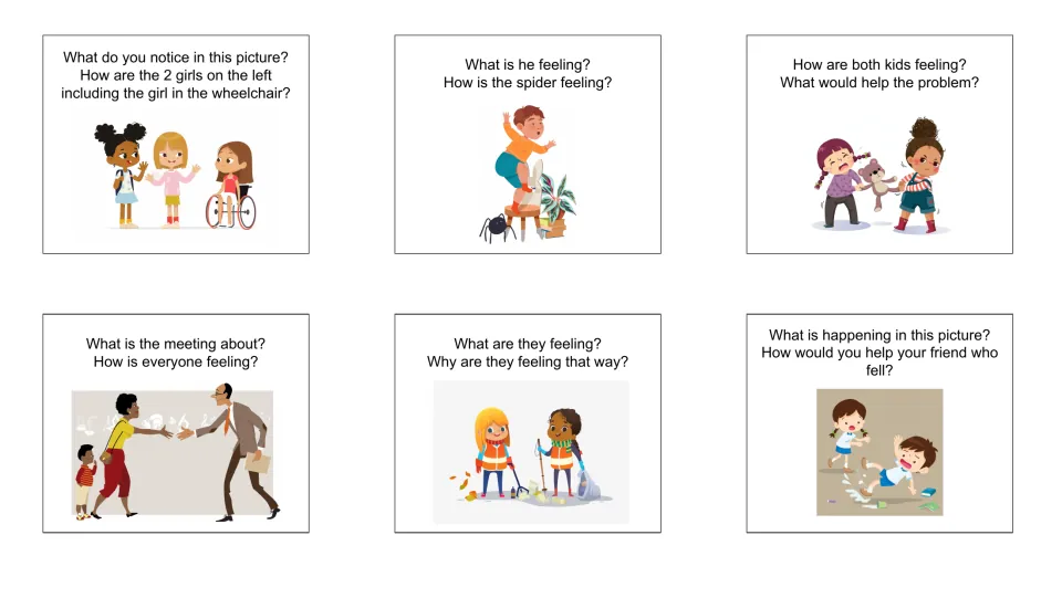 Question cards 7–12 ask about inclusion, a spider, conflict over a toy, a meeting, cleanup, and a fall
