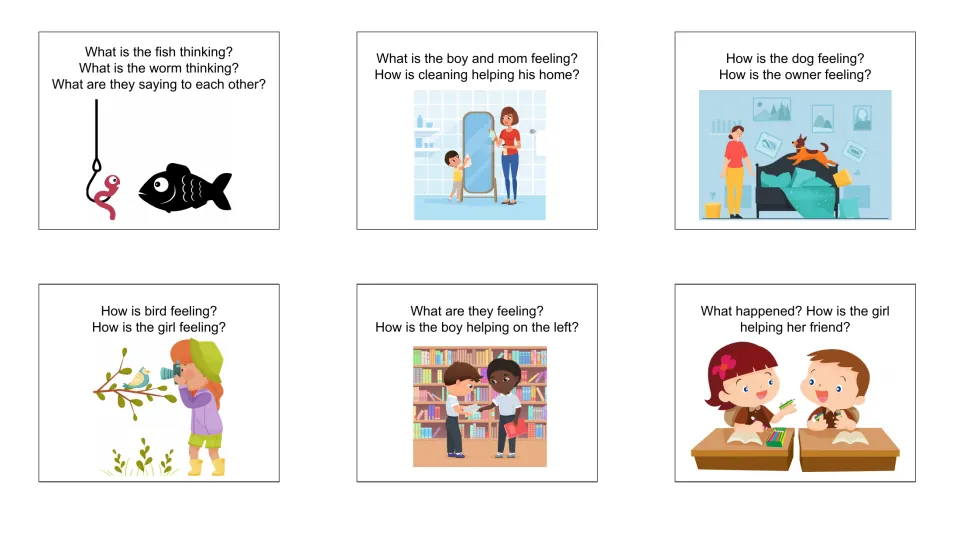 Question cards 13–18 ask about a fish and worm, cleaning, a dog, a bird, and children helping friends