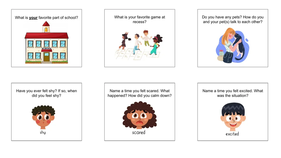 Question cards 19–24 ask about favorite school activities, recess, pets, and feeling shy, scared, or excited