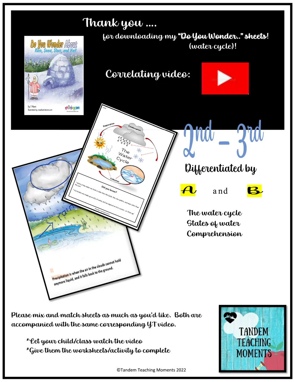 Water cycle sheets cover: book Do You Wonder About Rain, Snow, Sleet, and Hail, differentiated A and B sets, video link