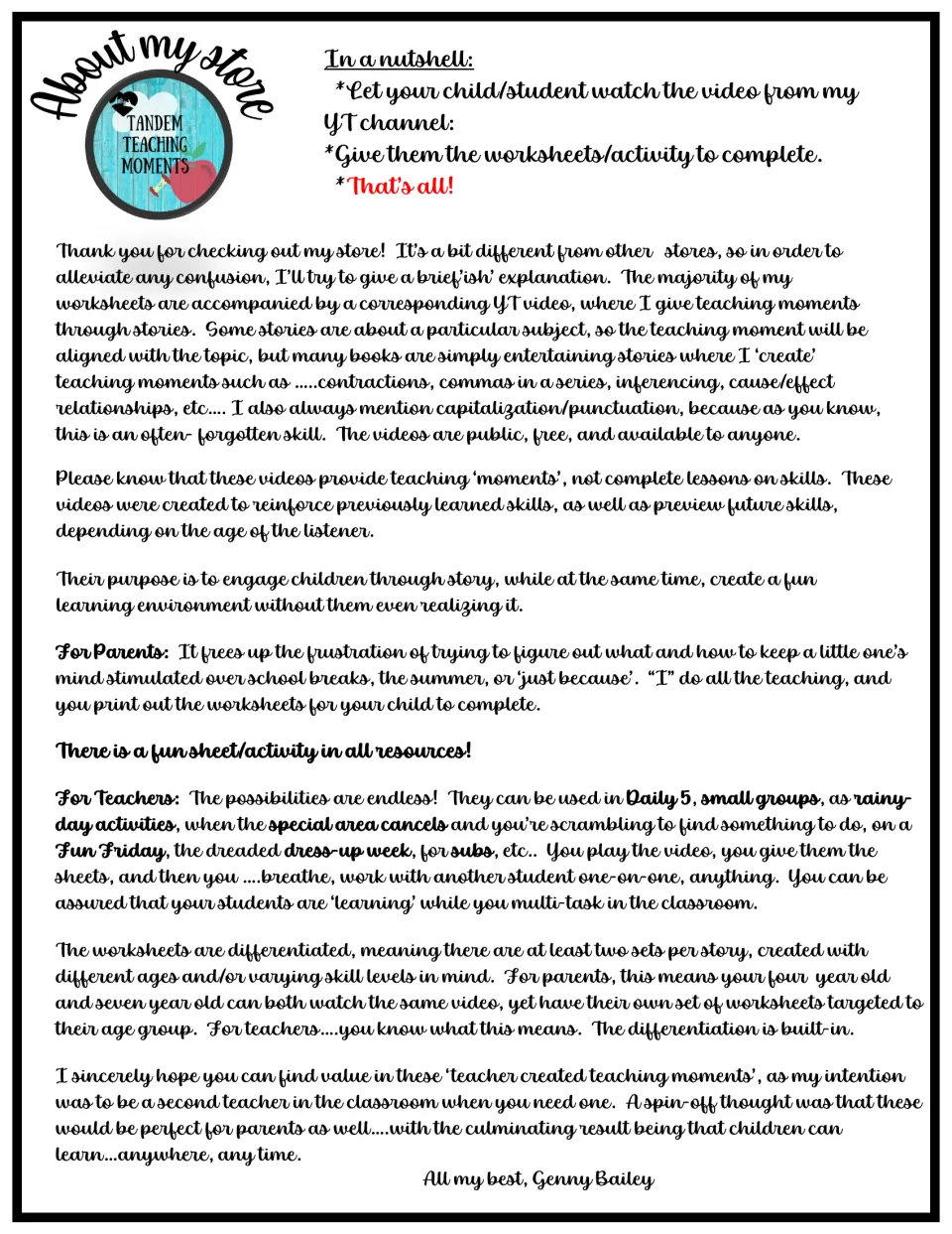 About my store letter from Tandem Teaching Moments explaining story videos paired with differentiated printable sheets
