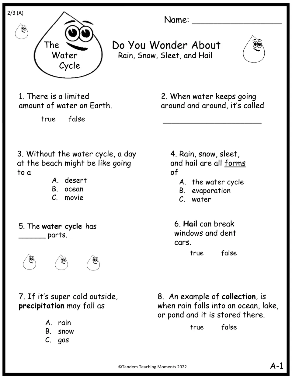 Water cycle quiz, set A: students answer 8 true/false, fill-in and multiple-choice items on rain, hail and collection