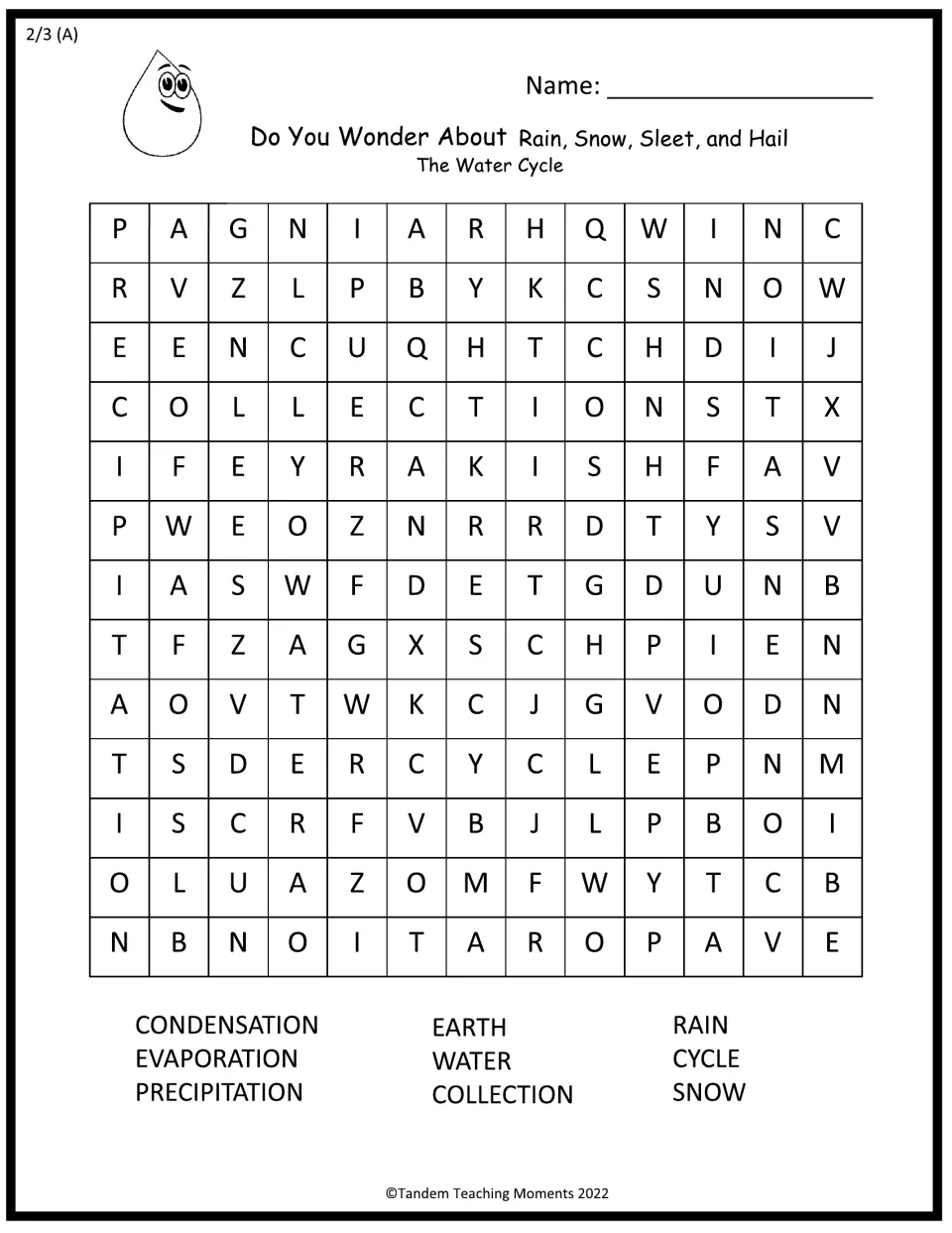 Water cycle word search: students find 9 words such as condensation, evaporation, precipitation, collection and snow