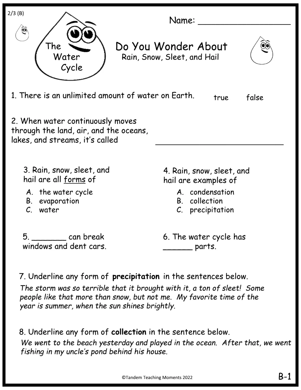 Water cycle quiz, set B: students answer 6 questions, then underline forms of precipitation and collection in sentences