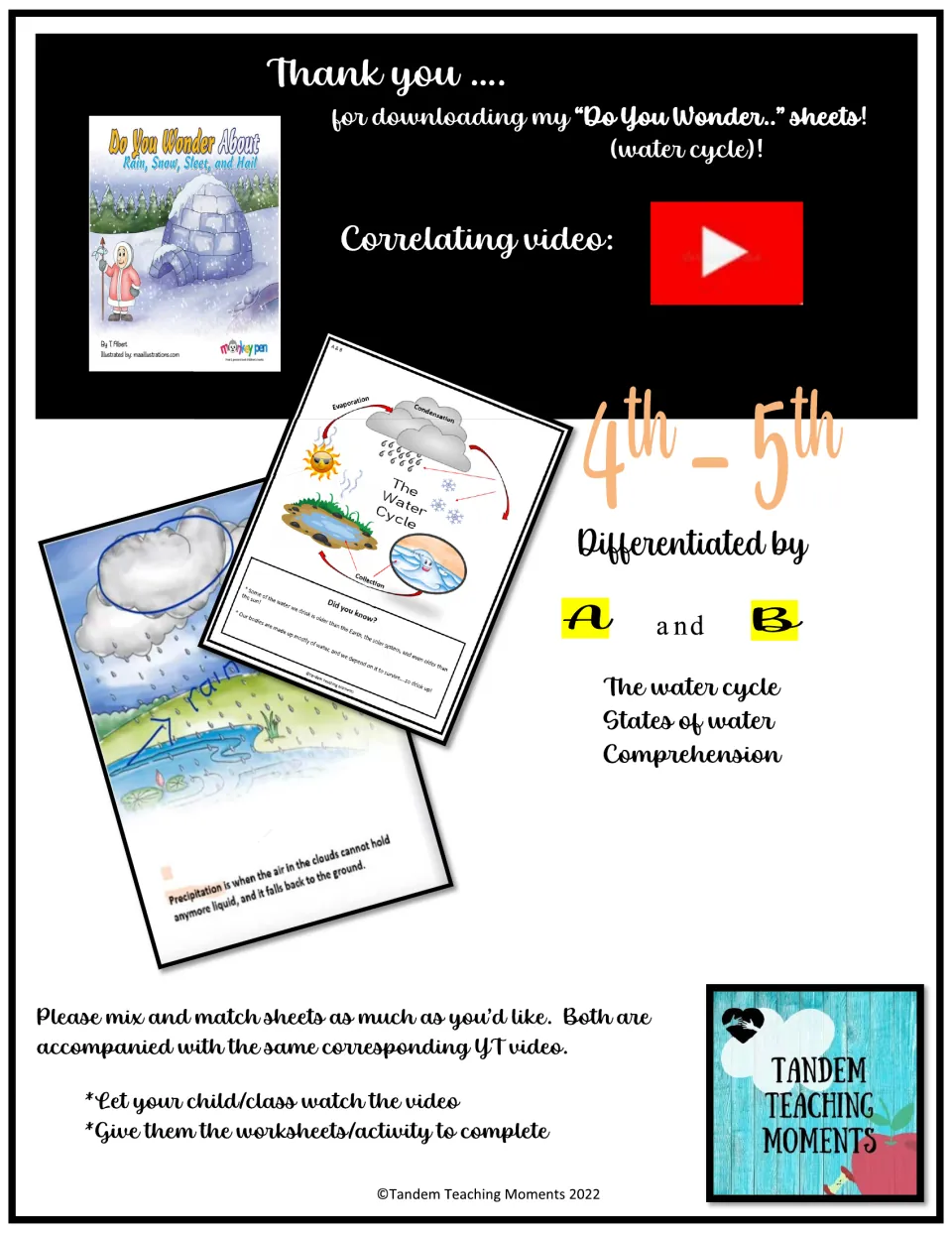 Water cycle sheets cover: thank-you note, video link and A/B levels for water cycle, states of water and comprehension