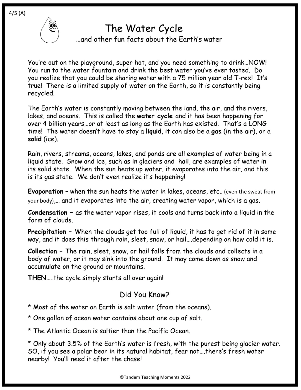 Water cycle reading A: passage on states of water and evaporation, condensation, precipitation, collection, plus fun facts