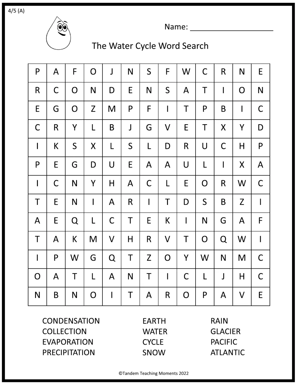 Water cycle word search: students find 12 words such as condensation, evaporation, glacier, Pacific and Atlantic