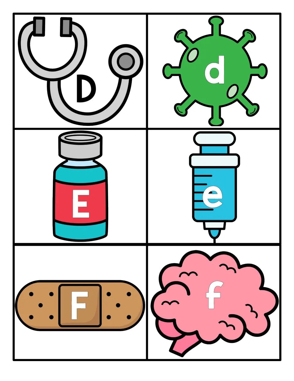 Letters D to F: uppercase and lowercase cards on a stethoscope, virus, medicine bottle, syringe, bandage and brain to pair