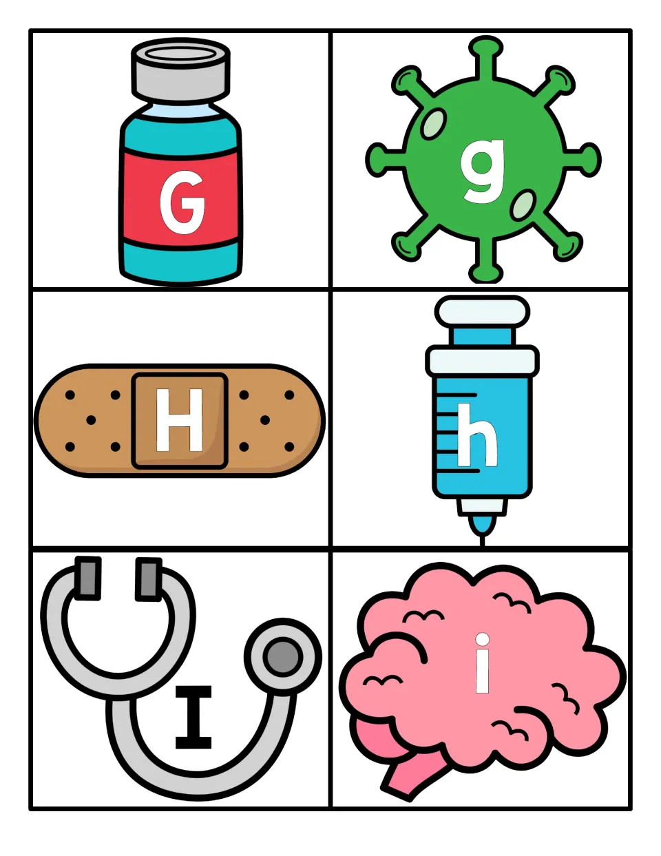 Letters G to I: capital and lowercase letter cards on a medicine bottle, virus, bandage, syringe, stethoscope and brain
