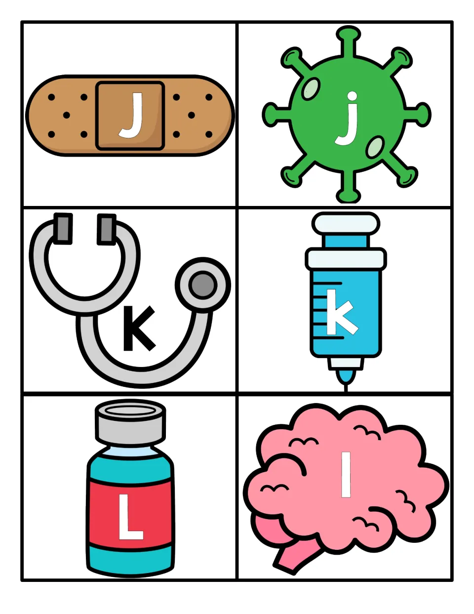Letters J to L: uppercase and lowercase pairs to match on a bandage, virus, stethoscope, syringe, bottle and brain