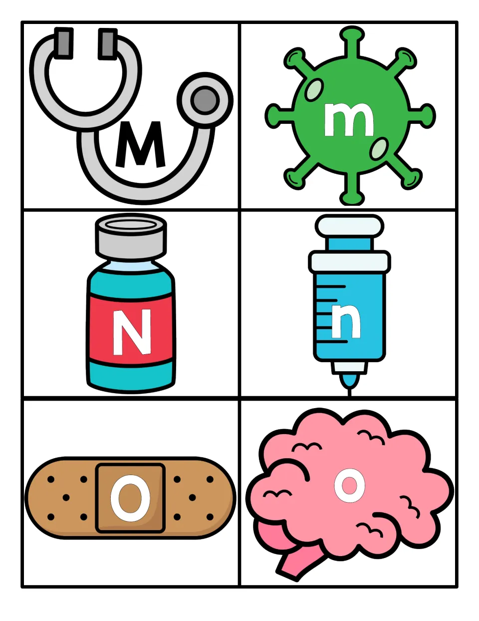 Letters M to O: uppercase and lowercase letter pairs shown on a stethoscope, virus, bottle, syringe, bandage and brain