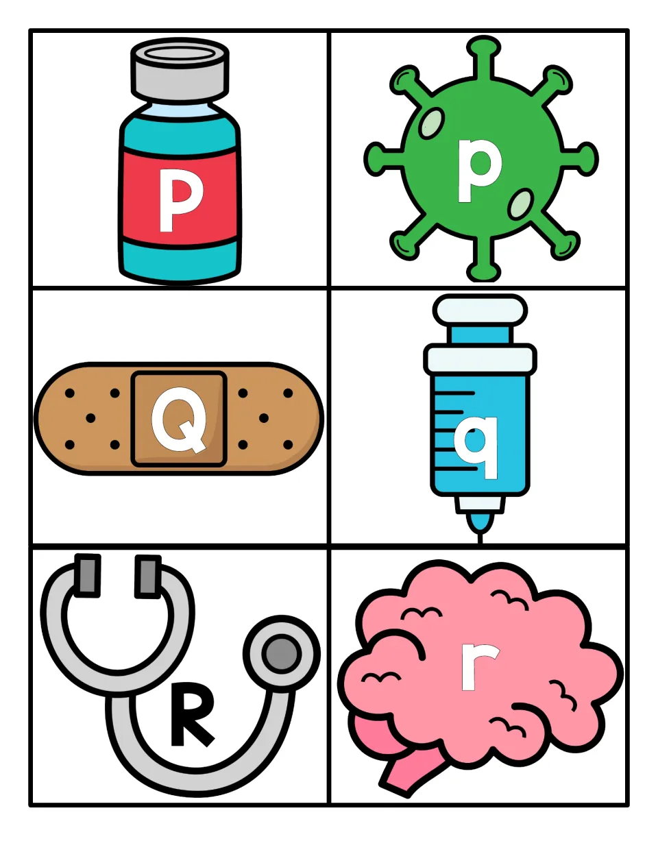 Letters P to R: capital and lowercase cards on a medicine bottle, virus, bandage, syringe, stethoscope and brain to match