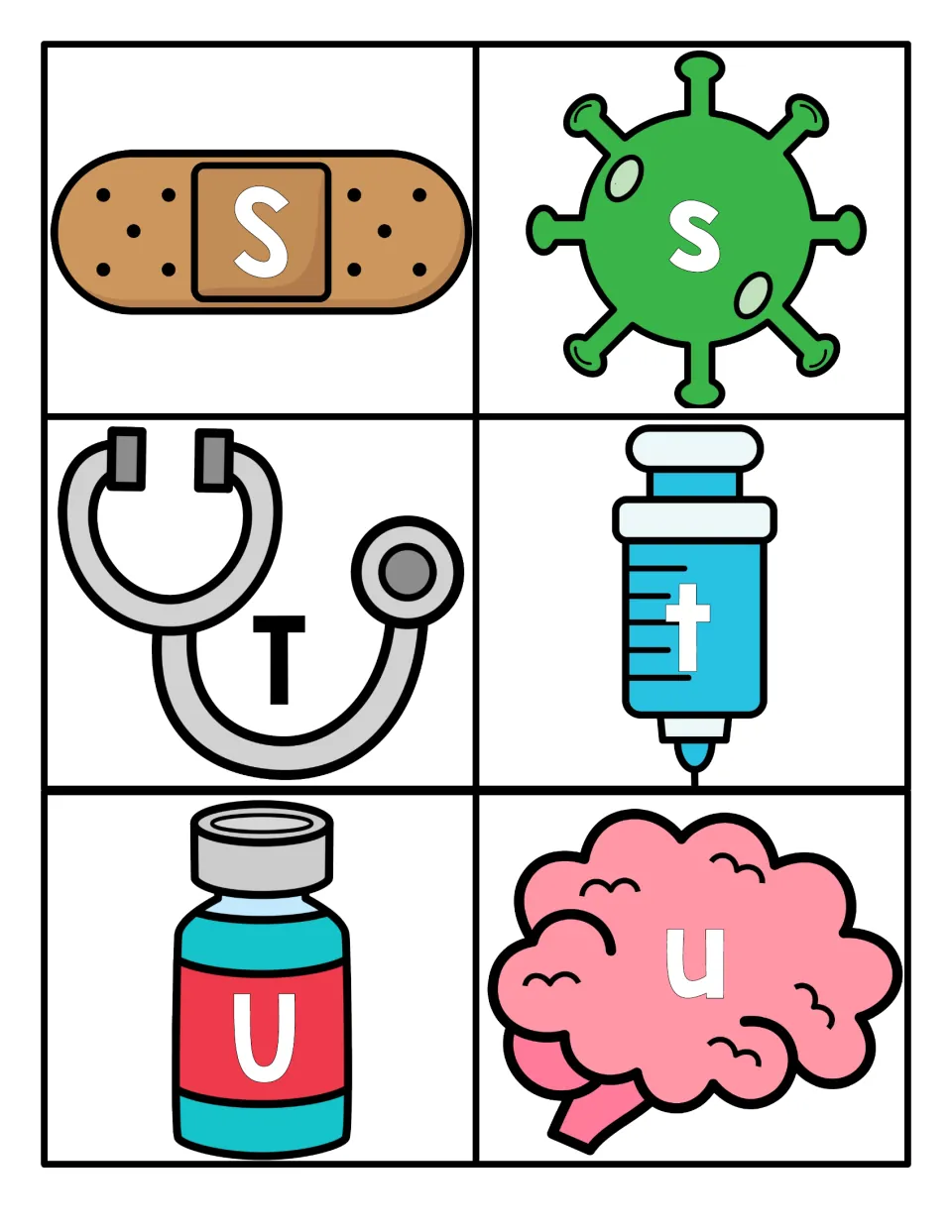 Letters S to U: uppercase and lowercase matching cards on a bandage, virus, stethoscope, syringe, bottle and brain