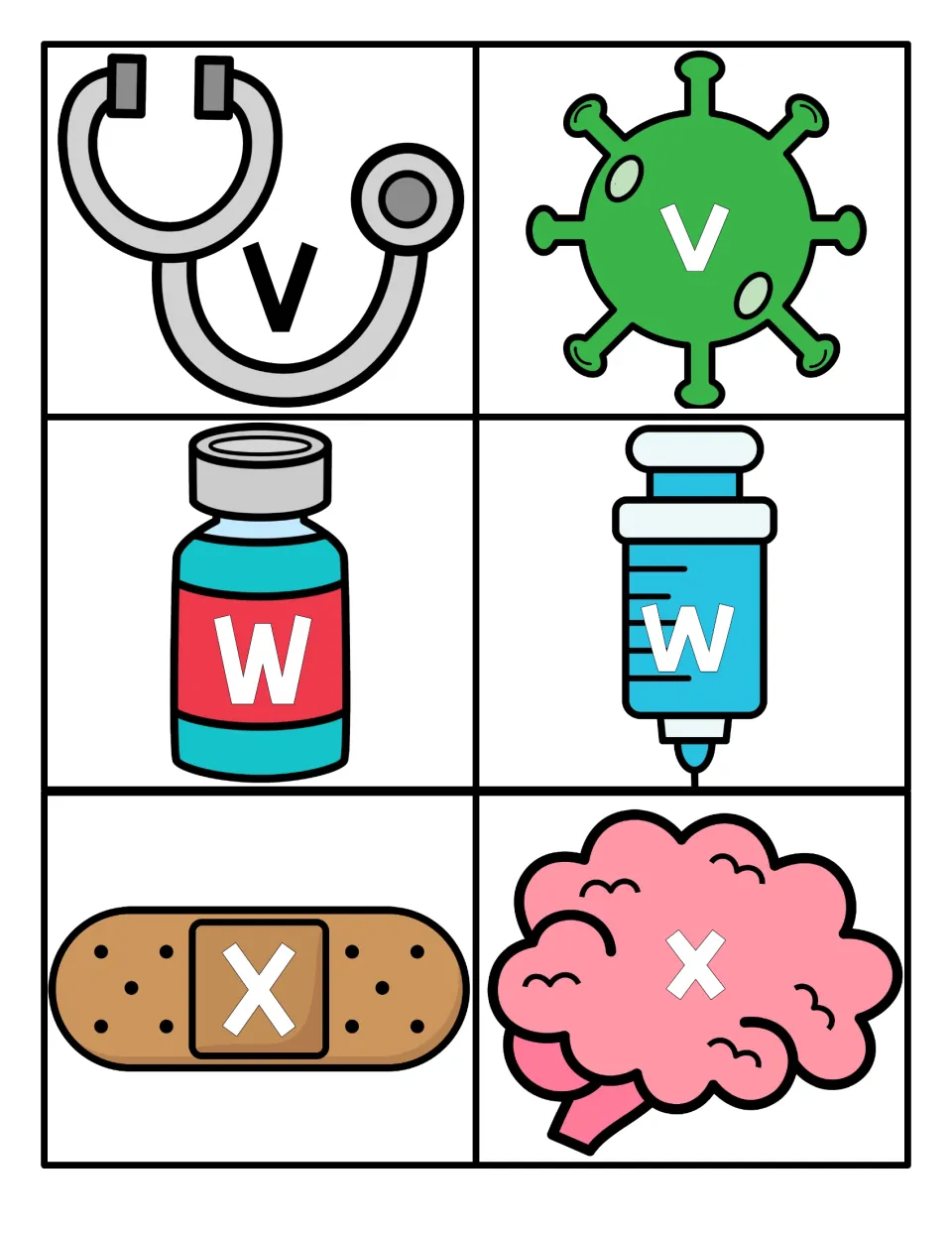 Letters V to X: capital and lowercase letter cards on a stethoscope, virus, medicine bottle, syringe, bandage and brain