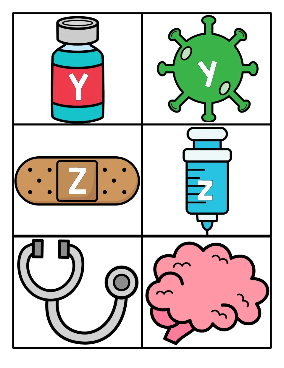 Letters Y and Z: uppercase and lowercase cards on a bottle, virus, bandage and syringe, plus blank stethoscope and brain