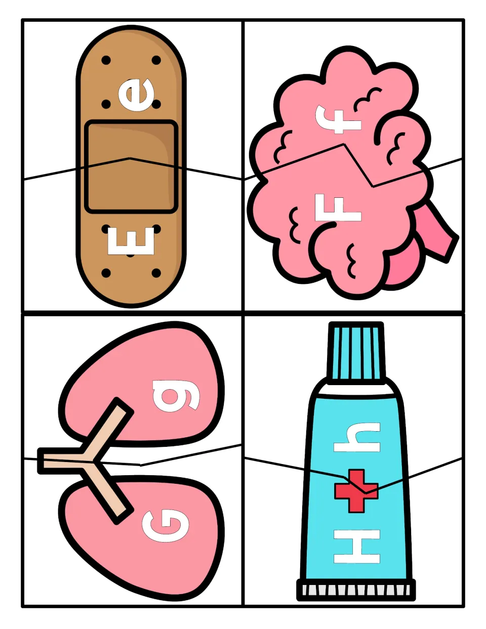 Letters E to H: two-piece medical picture puzzles where students join each capital letter half to its lowercase half