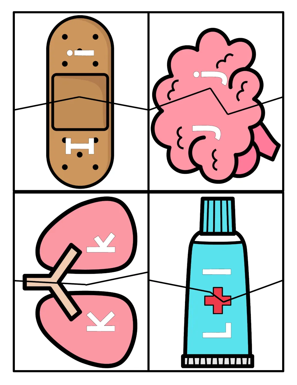 Letters I to L: bandage, brain, lungs and tube puzzles; students fit uppercase I, J, K, L to lowercase i, j, k, l