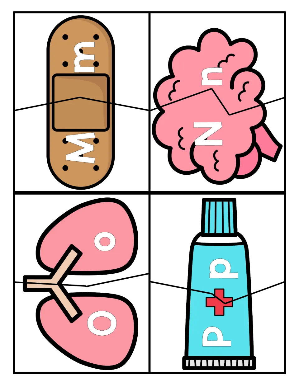 Letters M to P: medical picture cards split in half so children pair uppercase M, N, O, P with lowercase